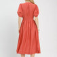 Salmon Umgee zip-front smocked waist midi dress with puffed sleeves