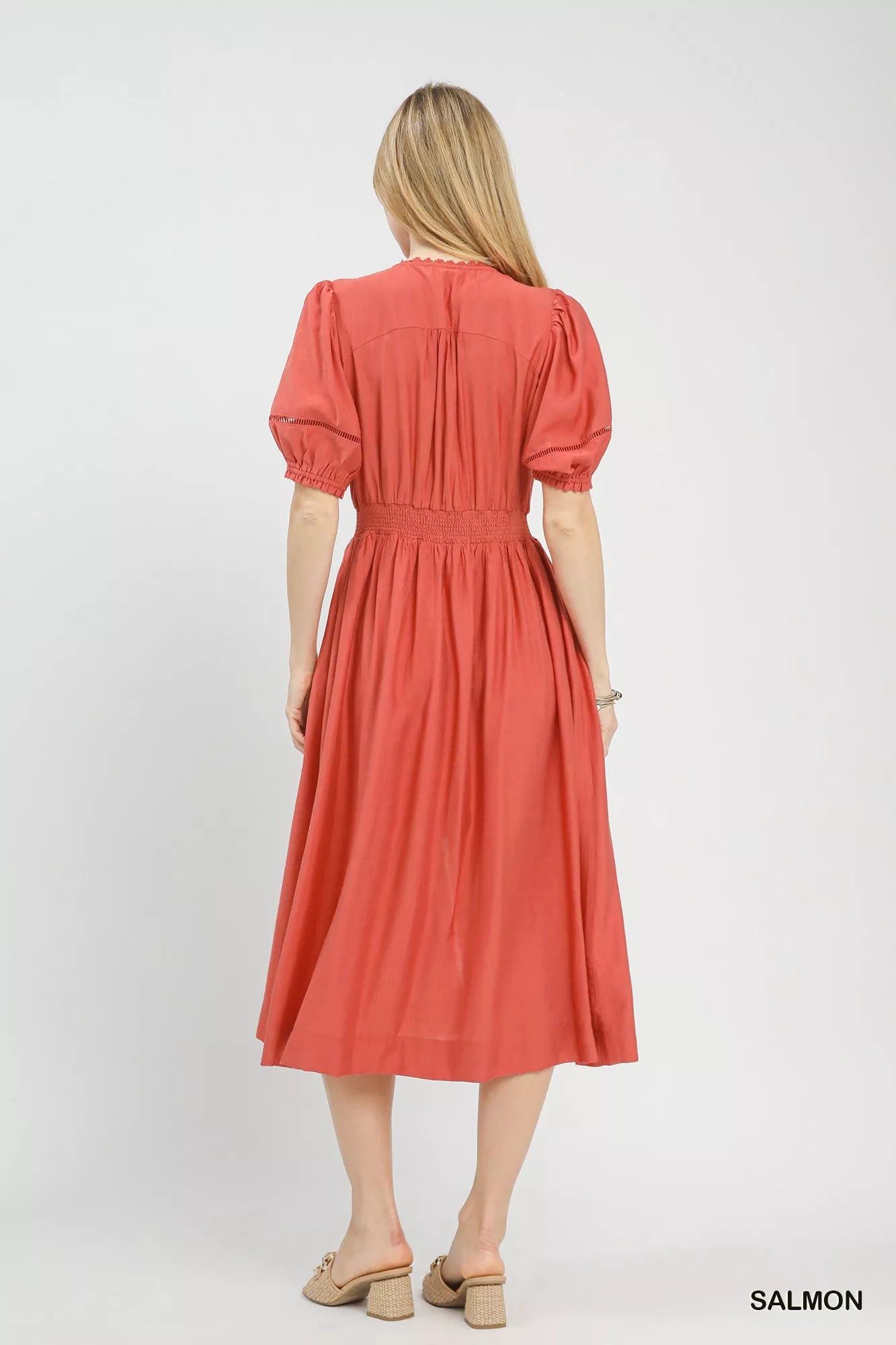 Salmon Umgee zip-front smocked waist midi dress with puffed sleeves