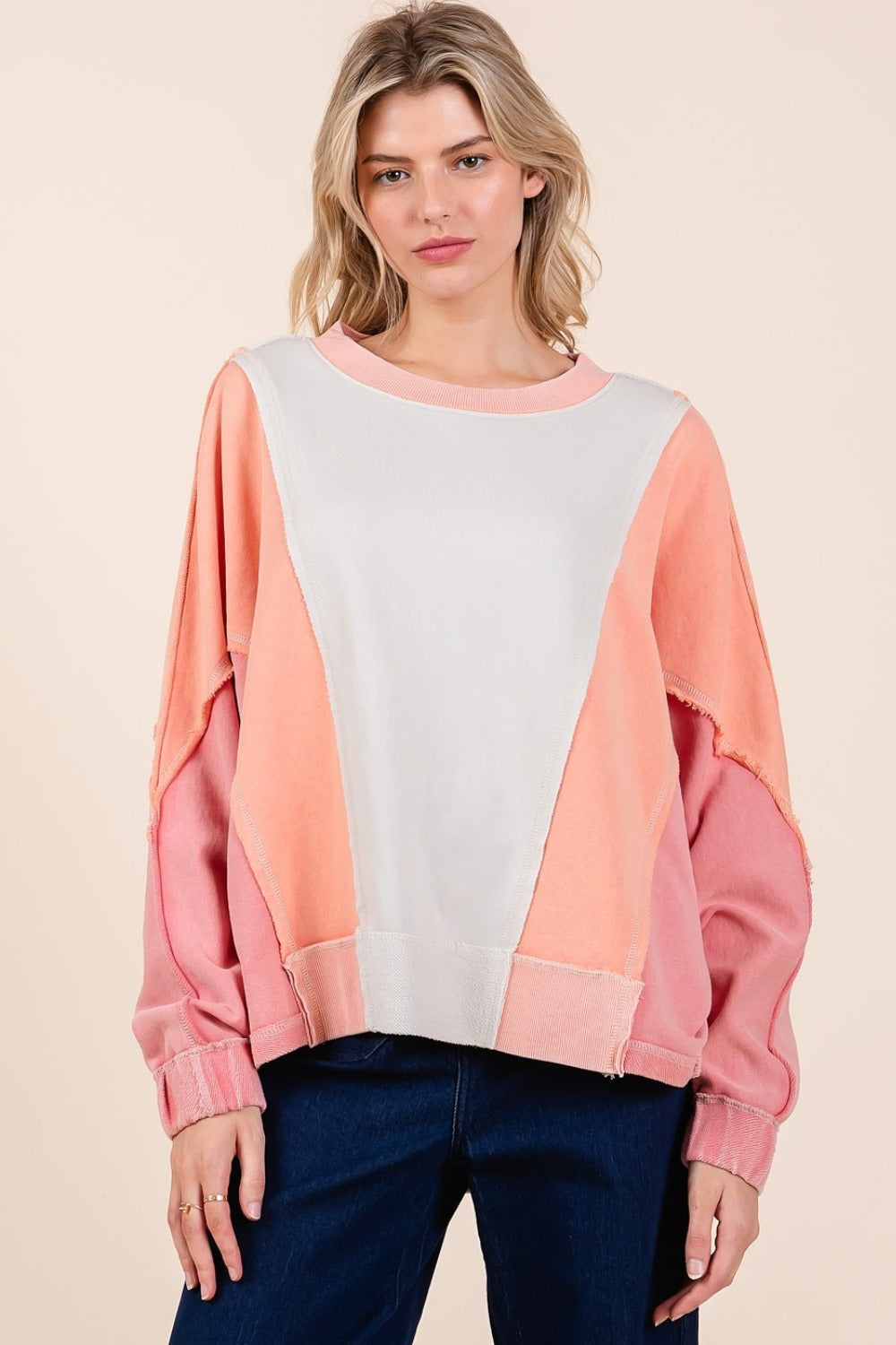 Mittoshop Mineral Wash Color Block Sweatshirt Coral Combo Sweatshirts