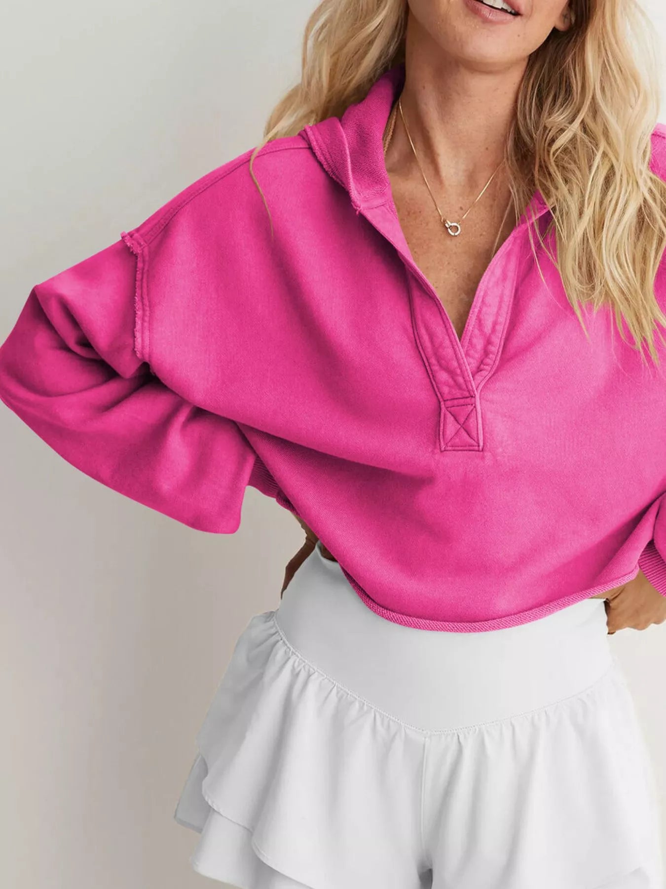Vibrant fuchsia Exposed Seam Dropped Shoulder Hoodie, oversized fit, ribbed cuffs