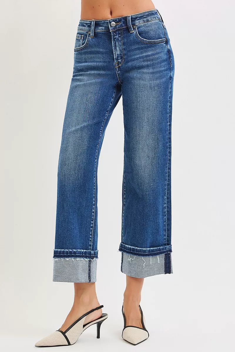 RISEN Mid Rise Ankle Straight Jeans with Cuffed Hem | Daverri Fashions