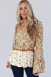 Yellow Printed Floral Bell Sleeve V Neck Wrapped Contrast Peplum Blouse