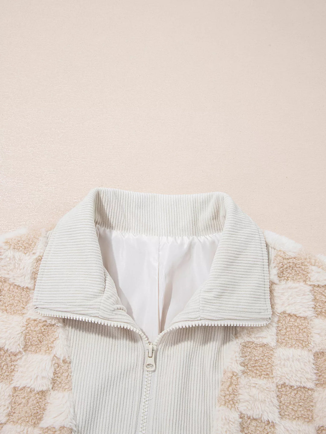Checker Sherpa Corduroy Patchwork Zip Up Jacket | Jackets Daverri Fashions