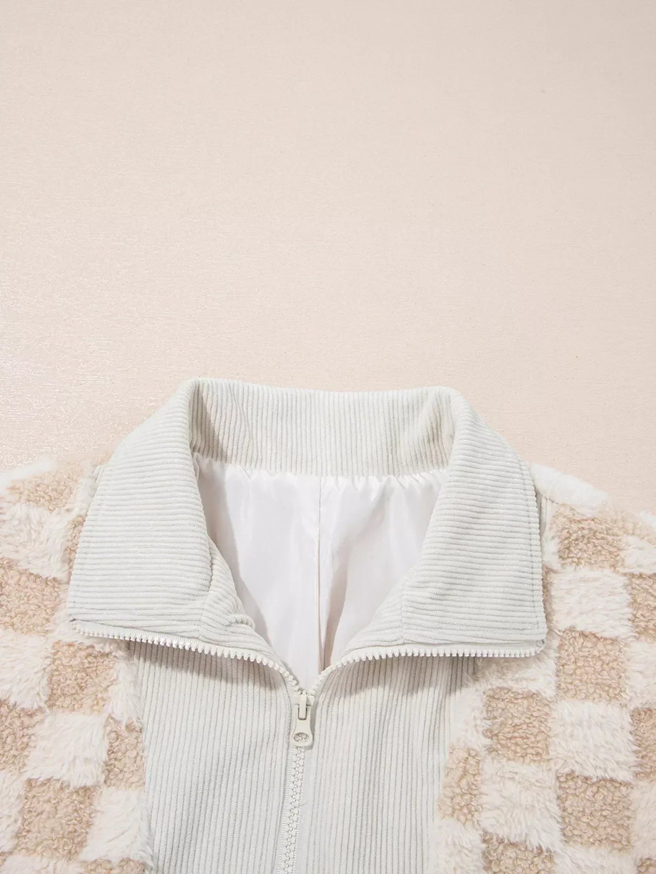 Checker Sherpa Corduroy Patchwork Zip Up Jacket - DAVERRI FASHIONS