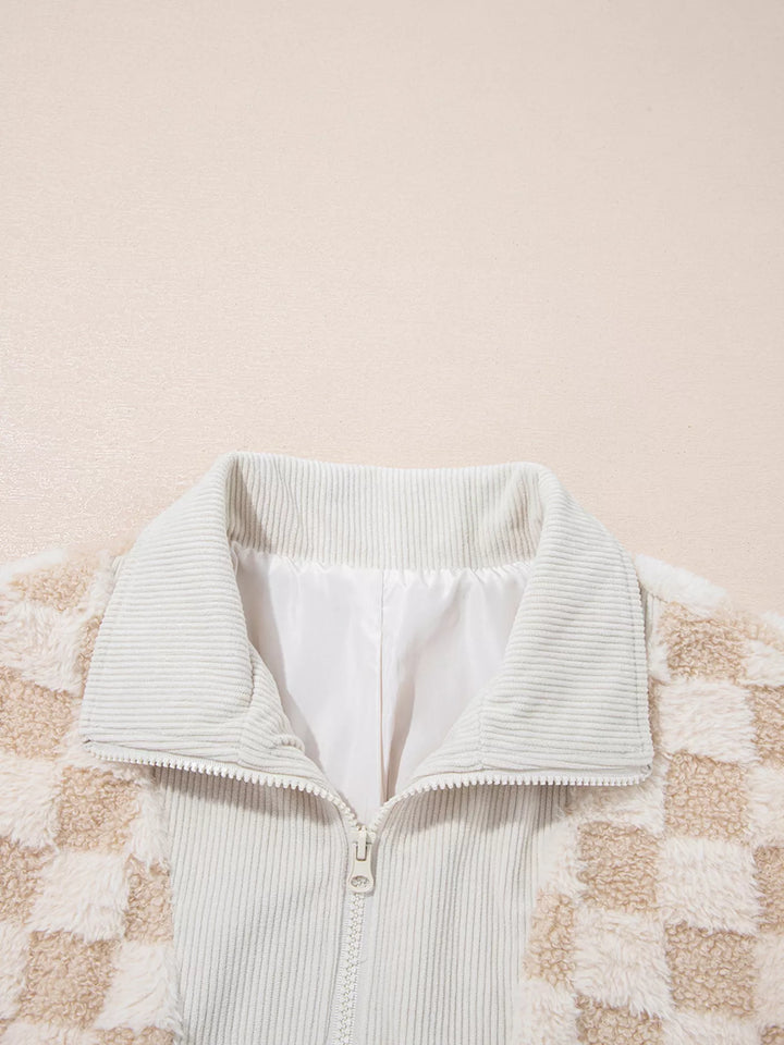 Checker Sherpa Corduroy Patchwork Zip Up Jacket | Jackets Daverri Fashions