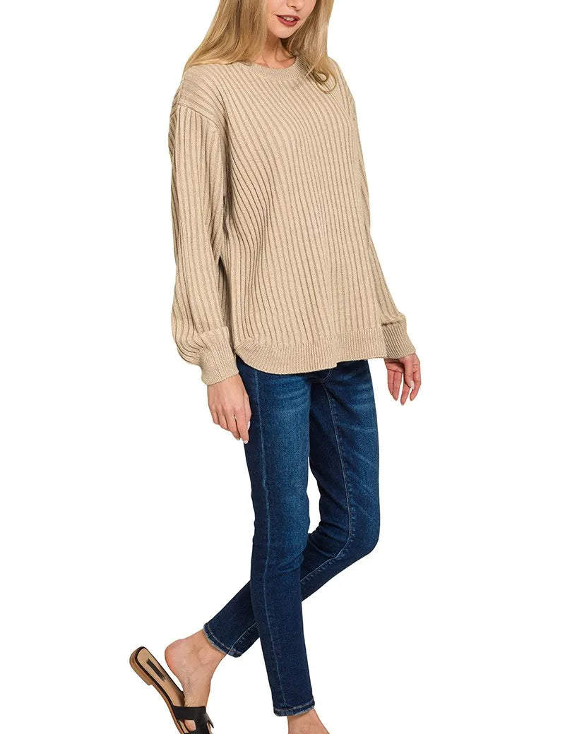 Zenana Curved Hem Two-Tone Ribbed Sweater | Sweaters Daverri Fashions