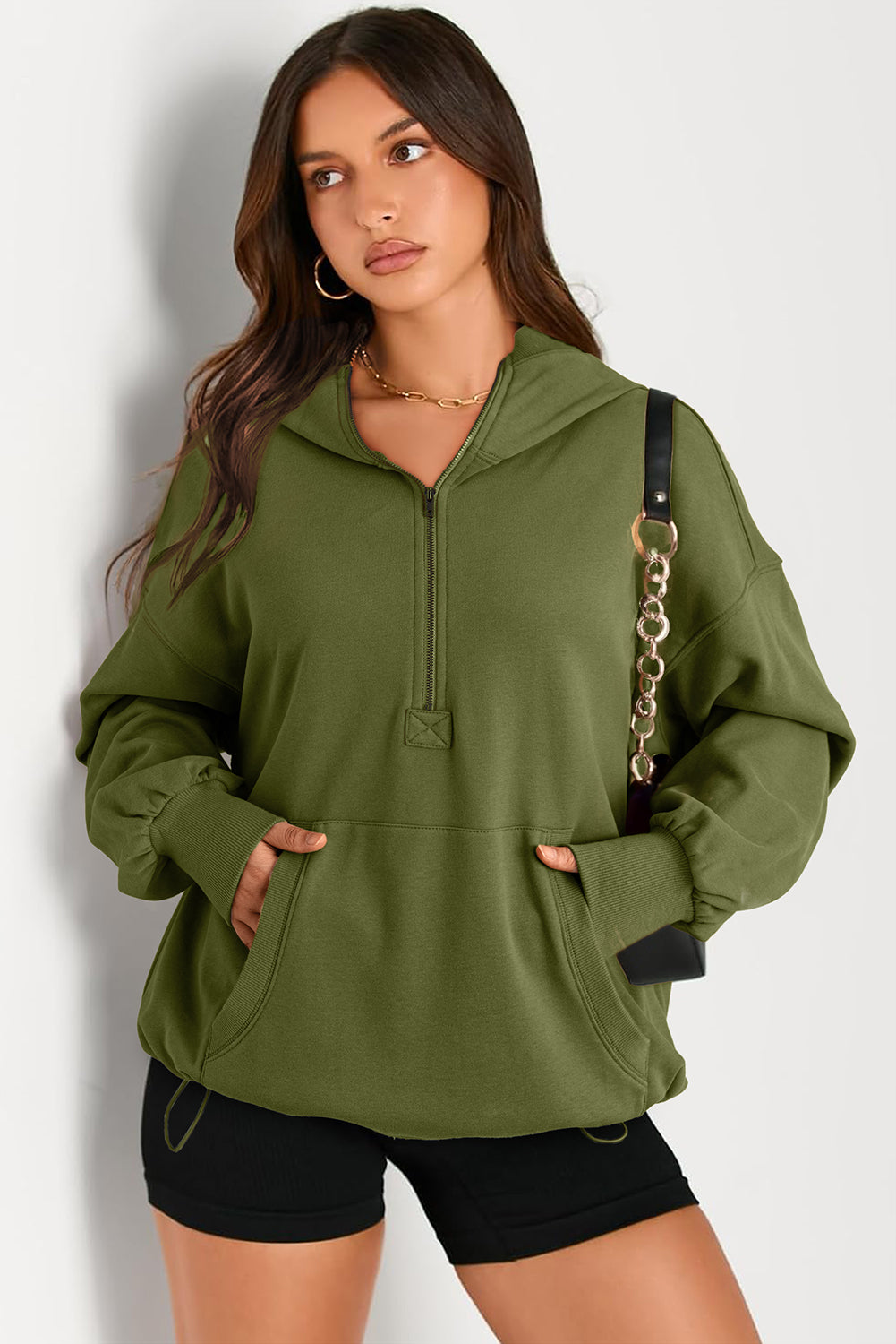 Pocketed Half Zip Long Sleeve Hoodie Tops