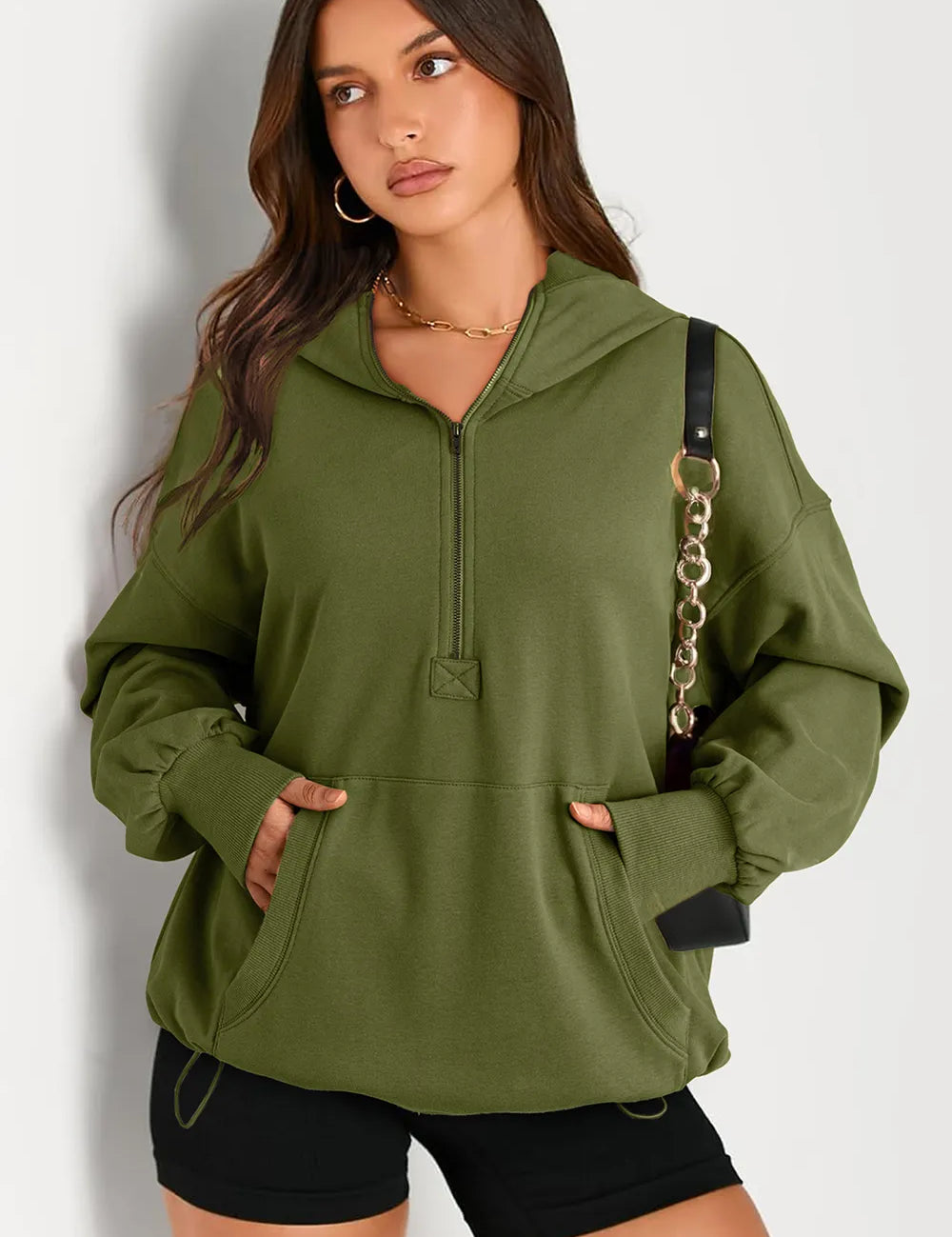 Pocketed Half Zip Long Sleeve Hoodie | Hoodies Daverri Fashions