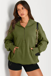 Pocketed Half Zip Long Sleeve Hoodie | Hoodies Daverri Fashions