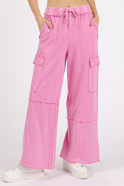 Mittoshop Mineral Wash Elastic Waist Cargo Wide Leg Pants Pink Cargo Pants