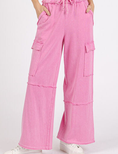 Mittoshop Mineral Wash Elastic Waist Cargo Wide Leg Pants Pink Cargo Pants