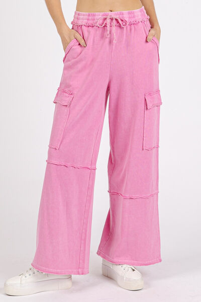 Mittoshop Mineral Wash Elastic Waist Cargo Wide Leg Pants Pink Pants