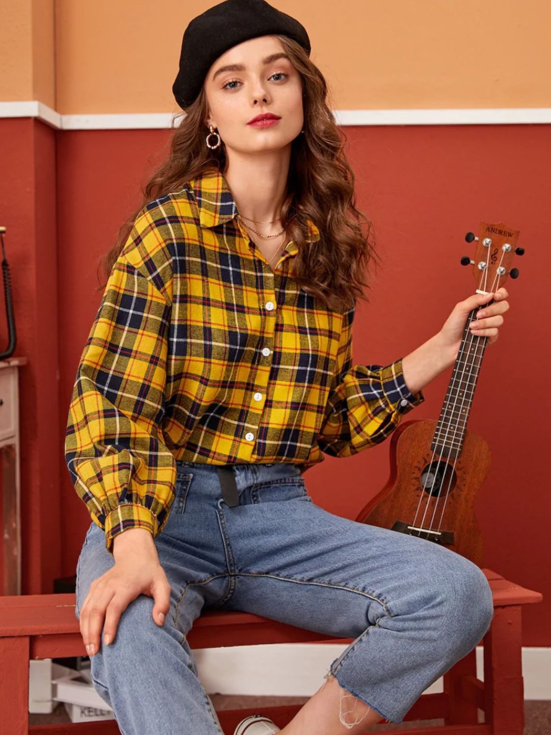 Daverri yellow and black plaid button-down shirt with long sleeves