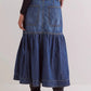 Daverri midi denim skirt in mid-blue with tiered flare and front pockets