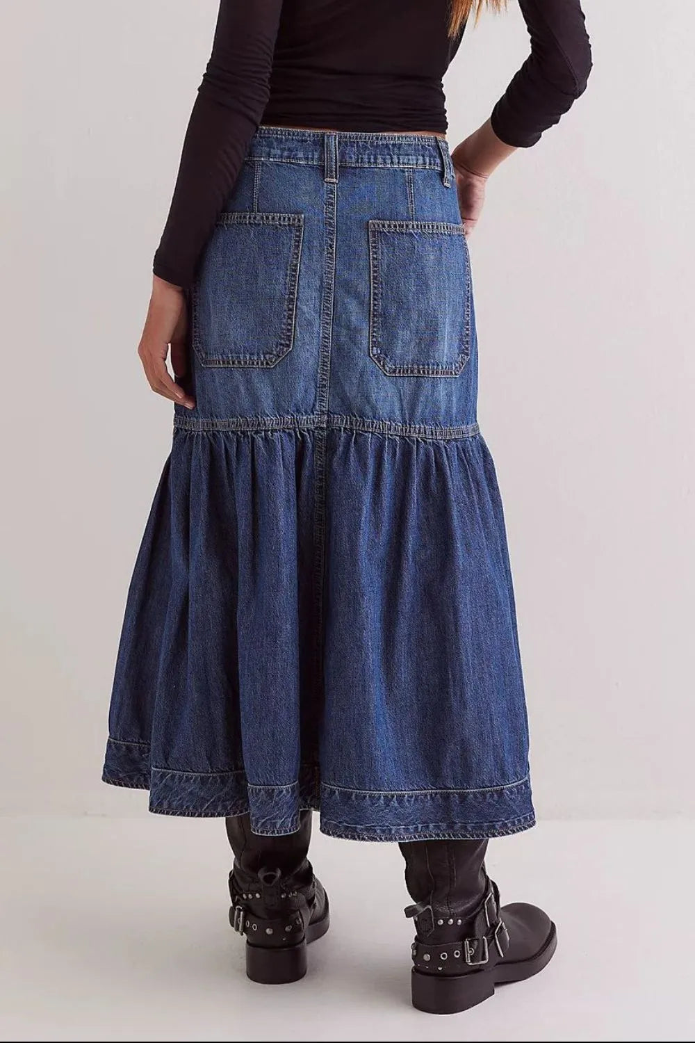 Daverri midi denim skirt in mid-blue with tiered flare and front pockets