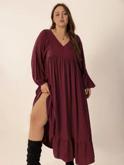 Plus Size Ruffled Hem V-Neck Balloon Sleeve Dress | Daverri Fashions
