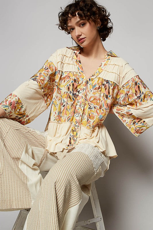 POL Frill Floral Johnny Collar Shirring Raglan Sleeve Shirt