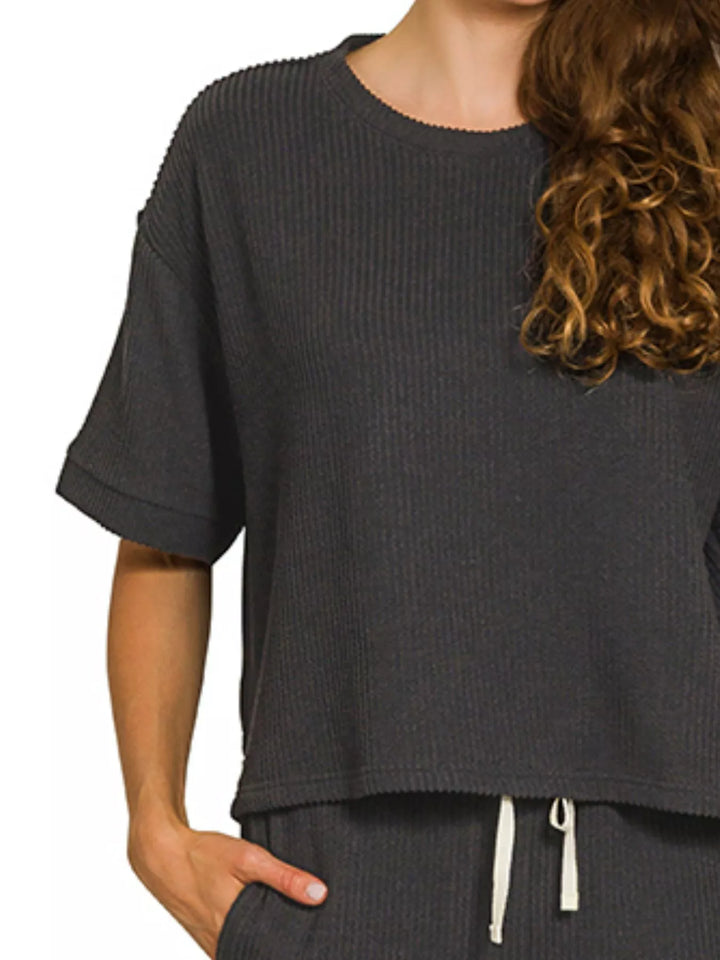 Zenana Raised Rib Short Sleeve Tee & Pants Set | Loungewear Sets Daverri Fashions