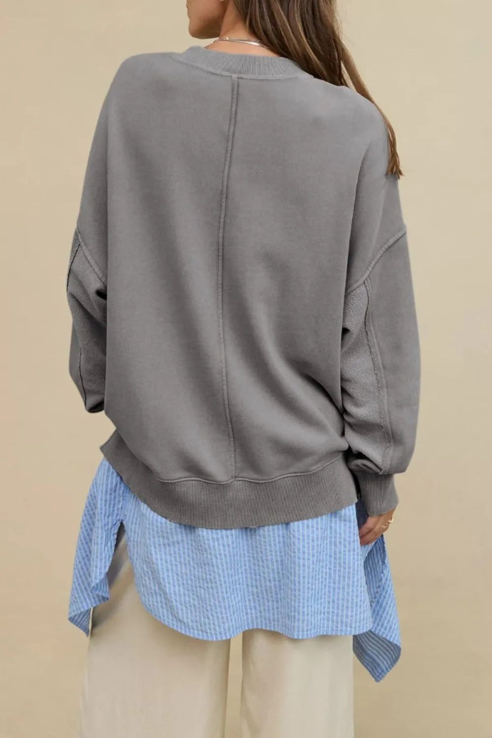 Side Slit Round Neck Long Sleeve Sweatshirt | Sweatshirts Daverri Fashions