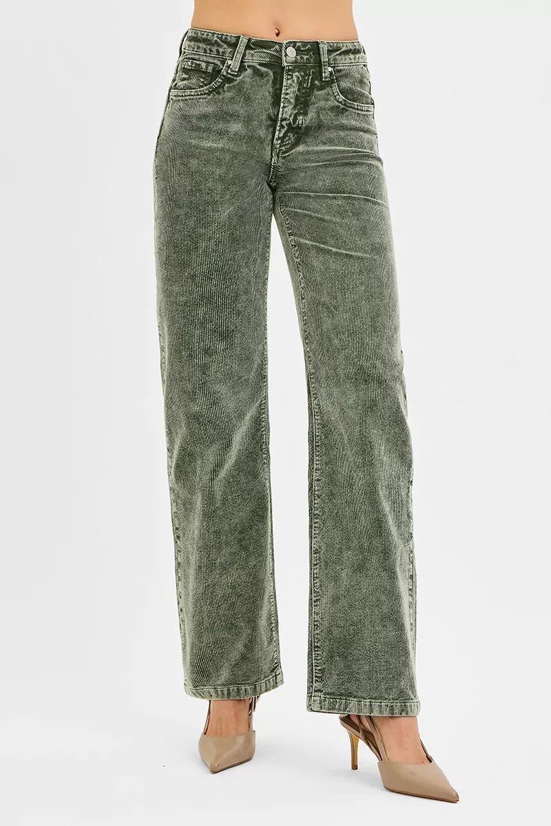 FOREST RISEN Tummy Control Mid Rise Straight Leg Corduroy Pants | Daverri Fashions