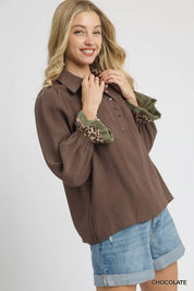 Umgee Half Button Blouse with Leopard Print Trim | Daverri Fashions