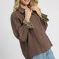 Umgee Half Button Blouse with Leopard Print Trim - DAVERRI FASHIONS
