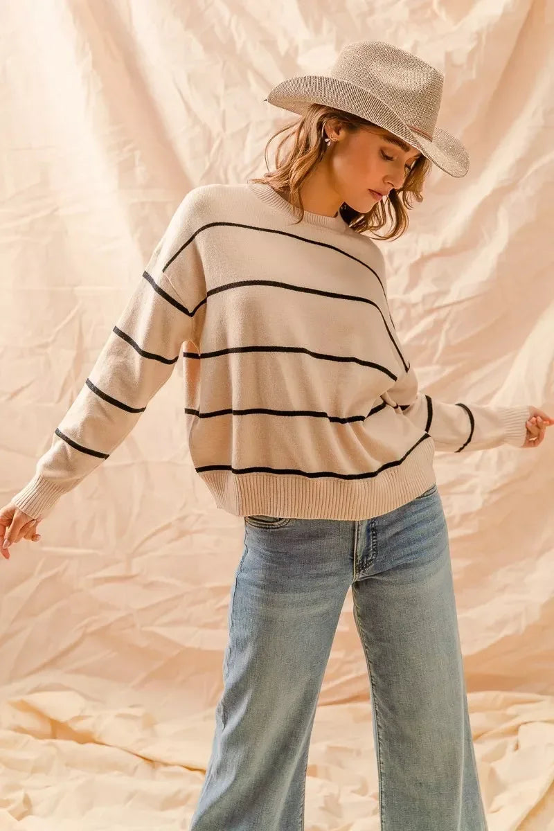 SO ME Stripe Crew Neck Basic Essential Sweater - DAVERRI FASHIONS