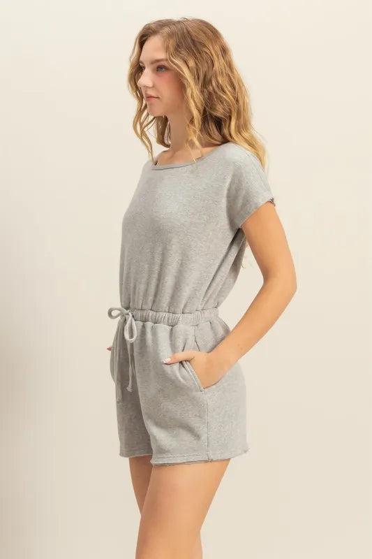 HYFVE Round Neck Short Sleeve Drawstring Waist Romper Rompers