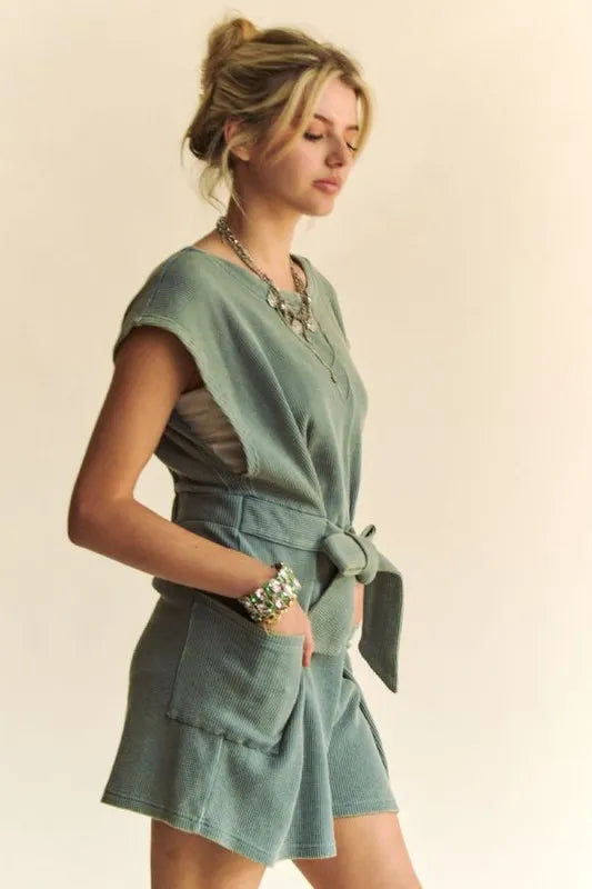Davi & Dani Acid-Washed Waffle Knit Cuffed Sleeves Romper Rompers