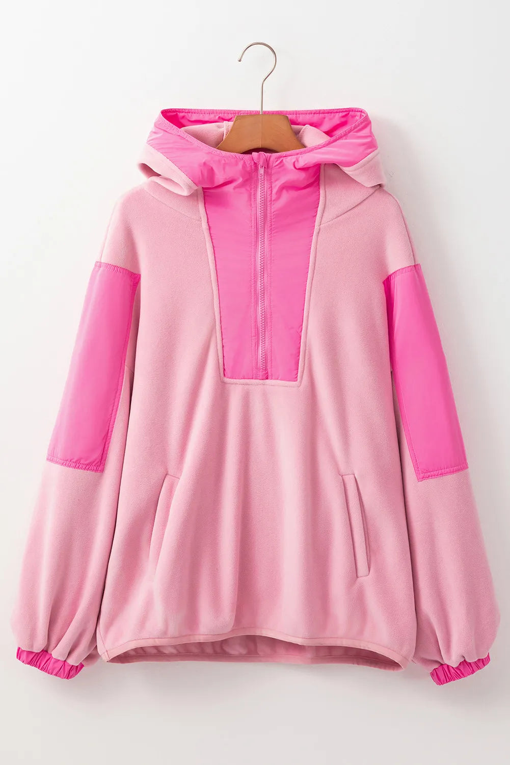 Color Block Half Zip Long Sleeve Hoodie Dusty Pink Tops