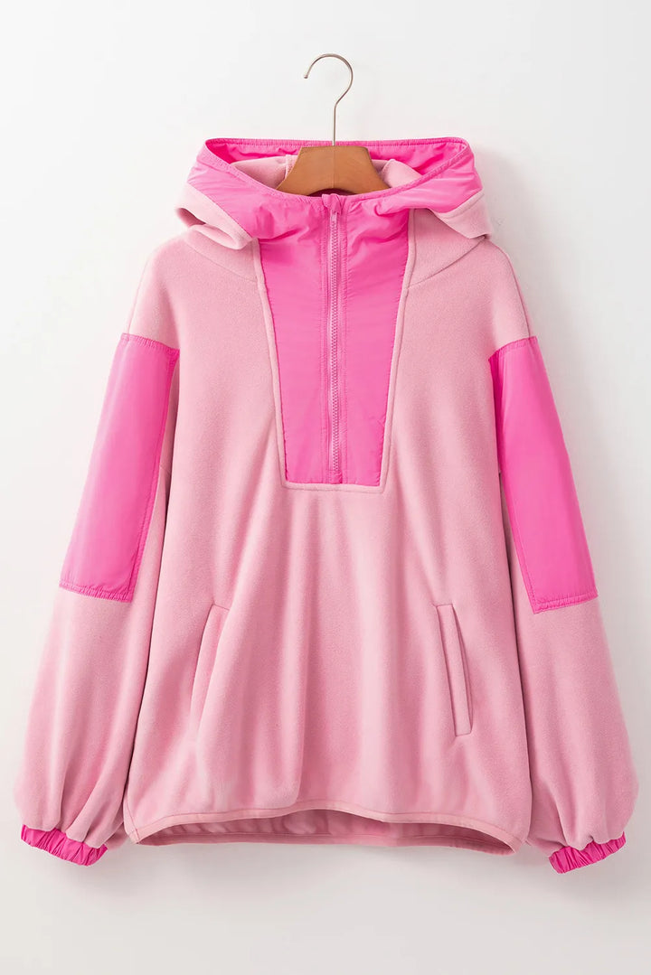 Color Block Half Zip Long Sleeve Hoodie Dusty Pink Tops