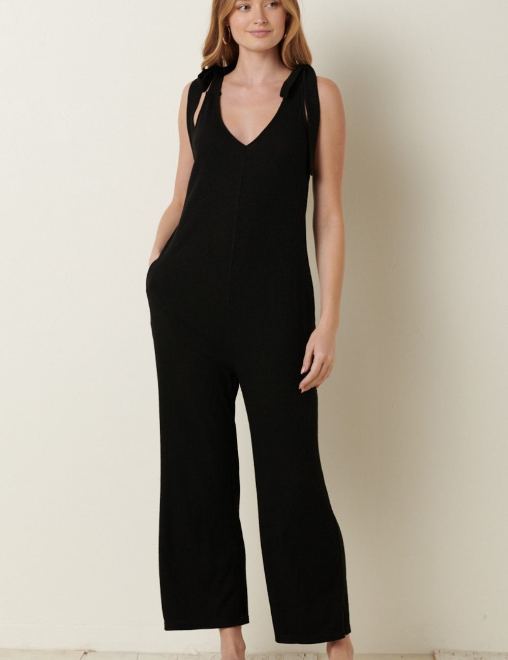 Mittoshop Rib Knit V-Neck Cross Back Jumpsuit Black