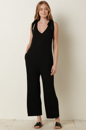 Mittoshop Rib Knit V-Neck Cross Back Jumpsuit Black