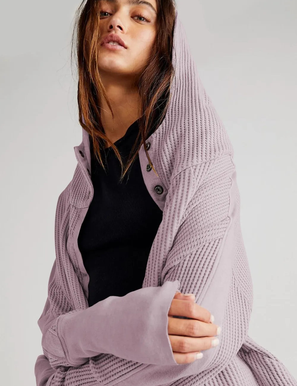 Waffle-Knit Dropped Shoulder Hooded Jacket | Jackets Daverri Fashions