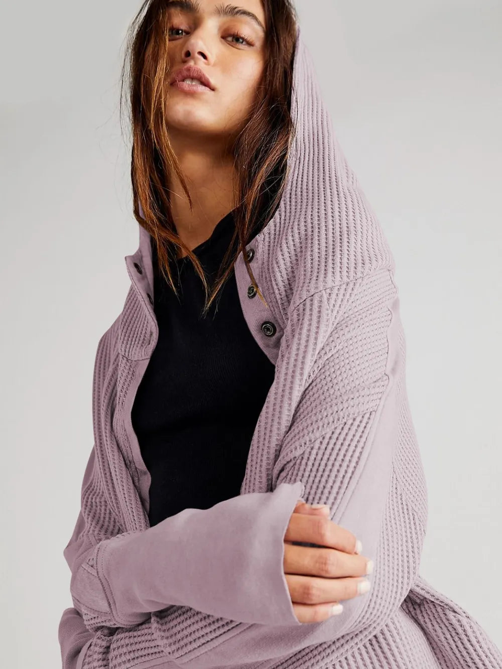 Waffle-Knit Dropped Shoulder Hooded Jacket | Jackets Daverri Fashions