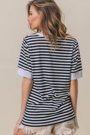 BiBi Contrast Striped Notched Knit Top Tops