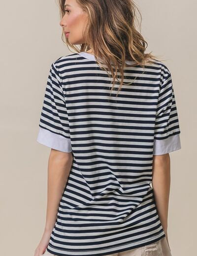 BiBi Contrast Striped Notched Knit Top Tops