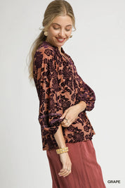 Umgee Floral Velvet Blouse with Balloon Sleeves | Daverri Fashions
