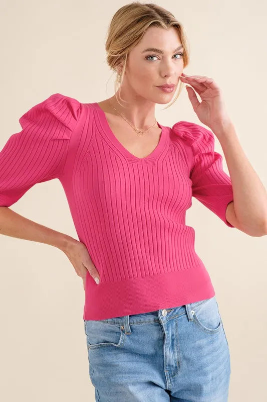 And The Why Puffed Half Sleeve Rib Basic Top Fuchsia Tops