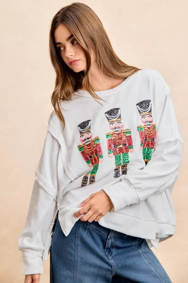 BiBi Christmas Sequin Nutcrackers Embroidery Sweatshirt - DAVERRI FASHIONS