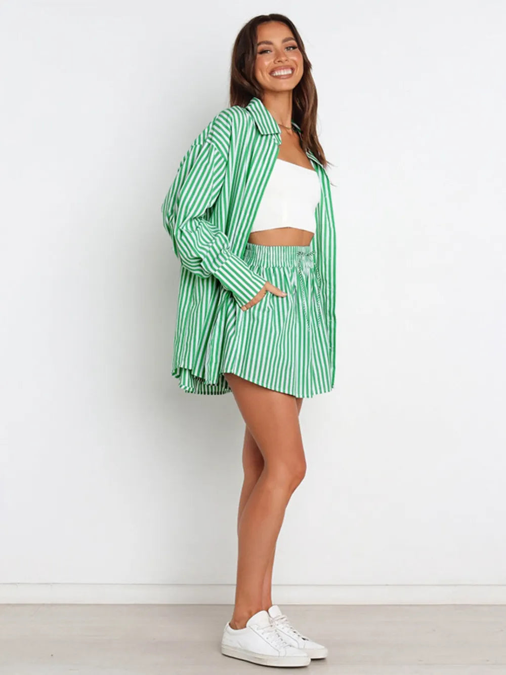 Green and white striped oversized button-up shirt in relaxed fit from Striped Dropped Shoulder Set