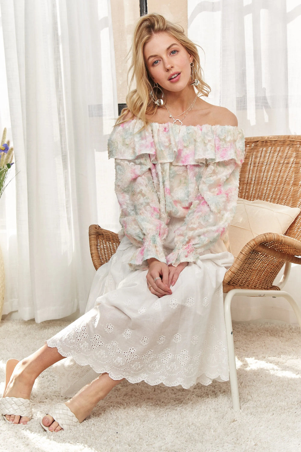 ADORA Ruffled Off Shoulder Floral Blouse Tops