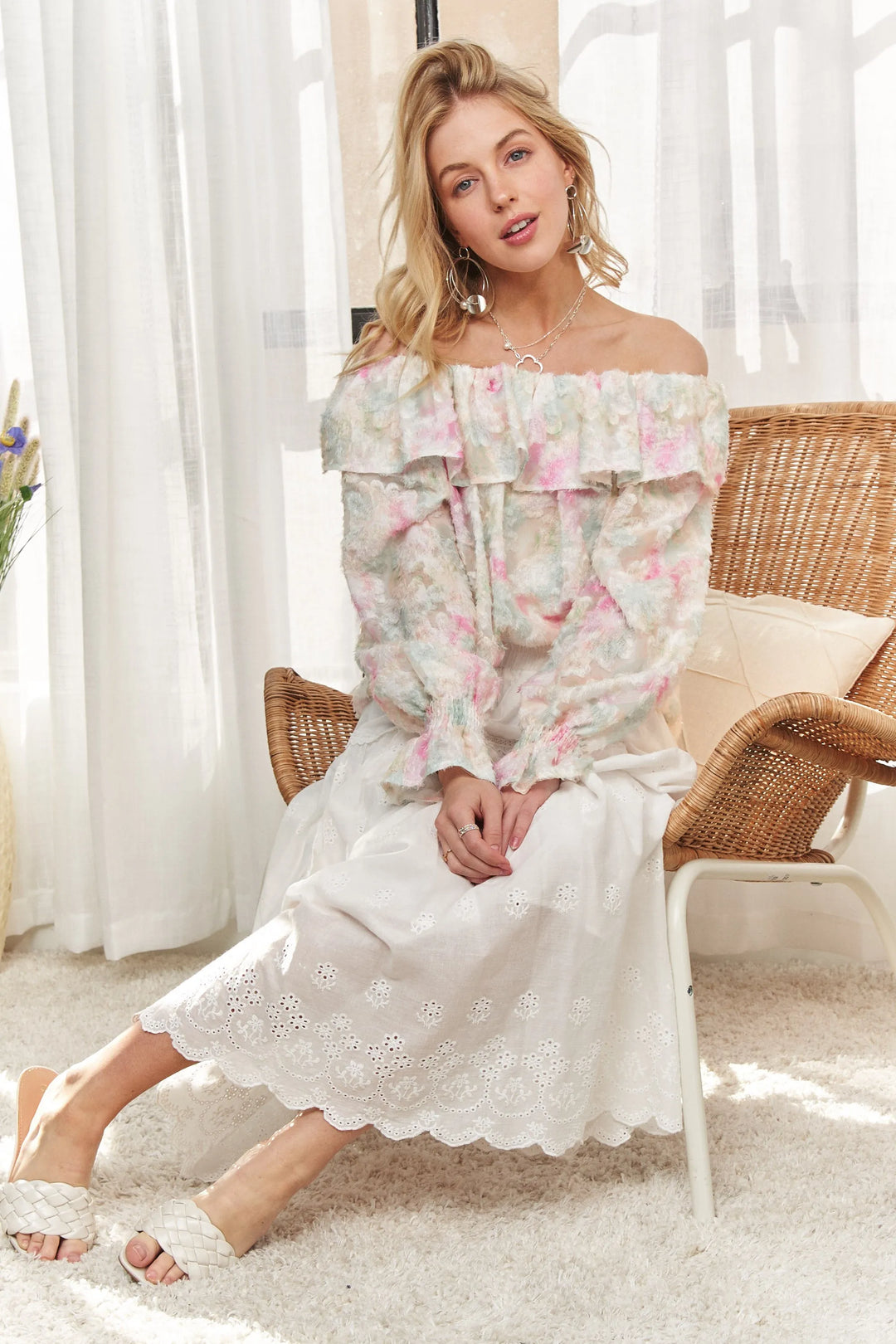 ADORA Ruffled Off Shoulder Floral Blouse Tops