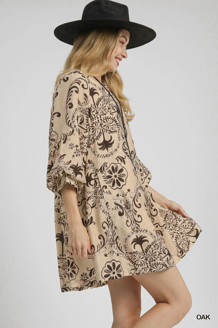 Umgee Boho Printed Balloon Sleeve Mini Dress Mini Dresses