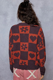 POL V-Neck Heart Pattern Checkered Sweater | Sweaters Daverri Fashions