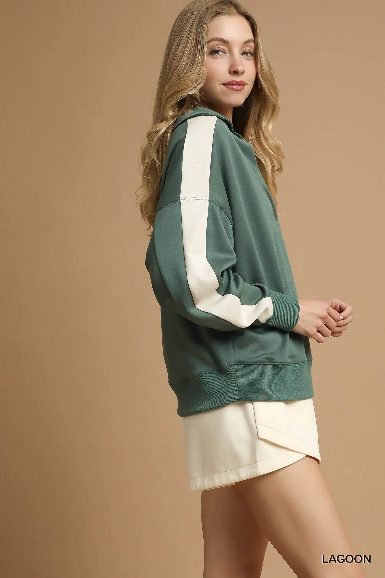 Umgee Contrast Long Sleeve Sweatshirt with Collar Sweatshirts