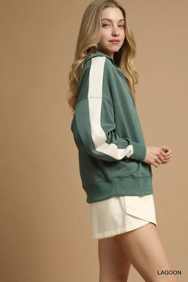 Umgee Contrast Long Sleeve Sweatshirt with Collar Sweatshirts