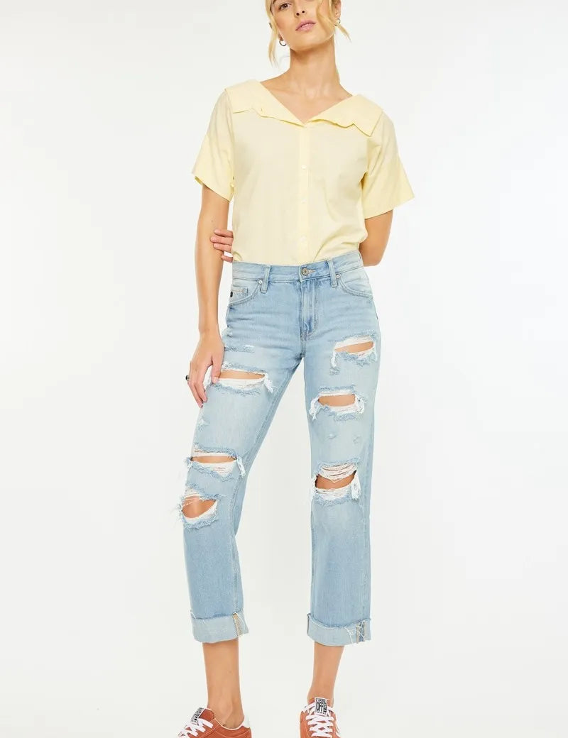 LIGHT Kancan Mid Rise Distressed Boyfriend Jeans | Jeans Daverri Fashions