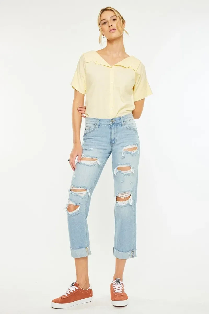 Kancan Mid Rise Distressed Boyfriend Jeans - DAVERRI FASHIONS
