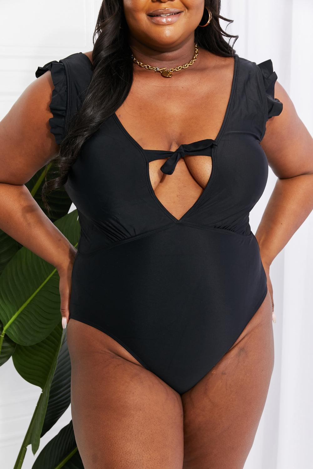 Marina West Swim Seashell Ruffle Sleeve One-Piece in Black Swimwear